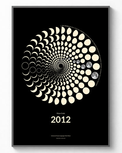 2012 Moon Code Poster im Rahmen – Minimalistische Mondphasen Wandkunst im A3 Format