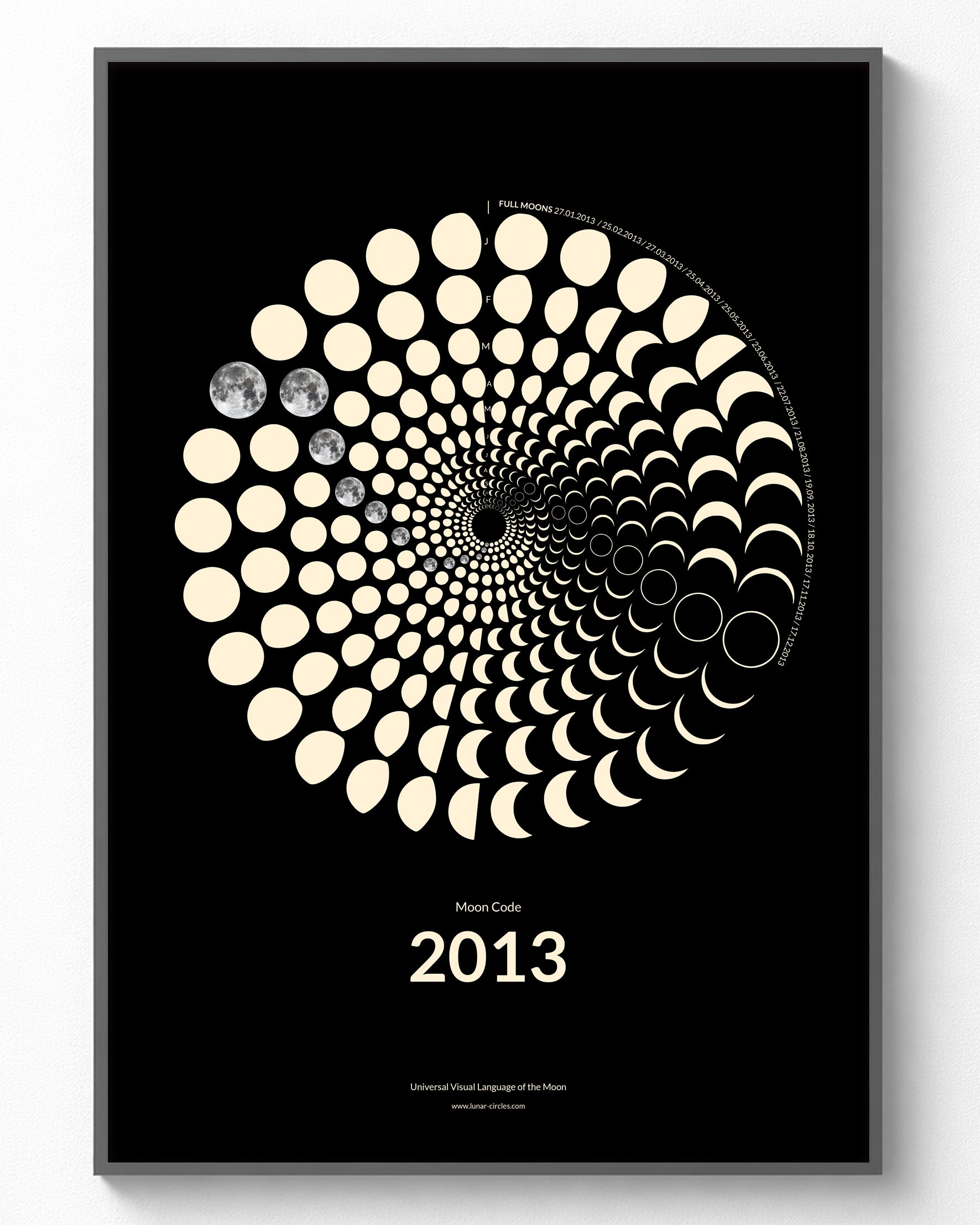 2013 Moon Code Poster im Rahmen – Minimalistische Mondphasen Wandkunst im A3 Format