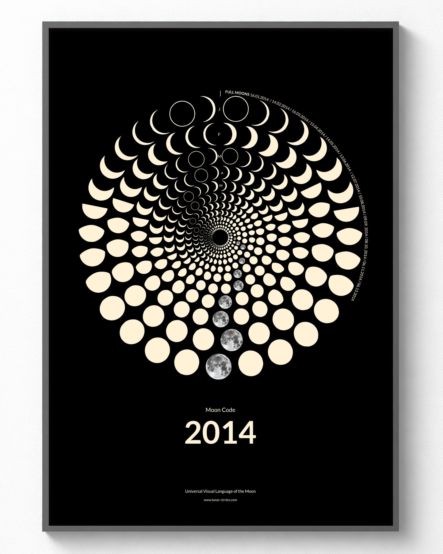 2014 Moon Code Poster im Rahmen – Minimalistische Mondphasen Wandkunst im A3 Format