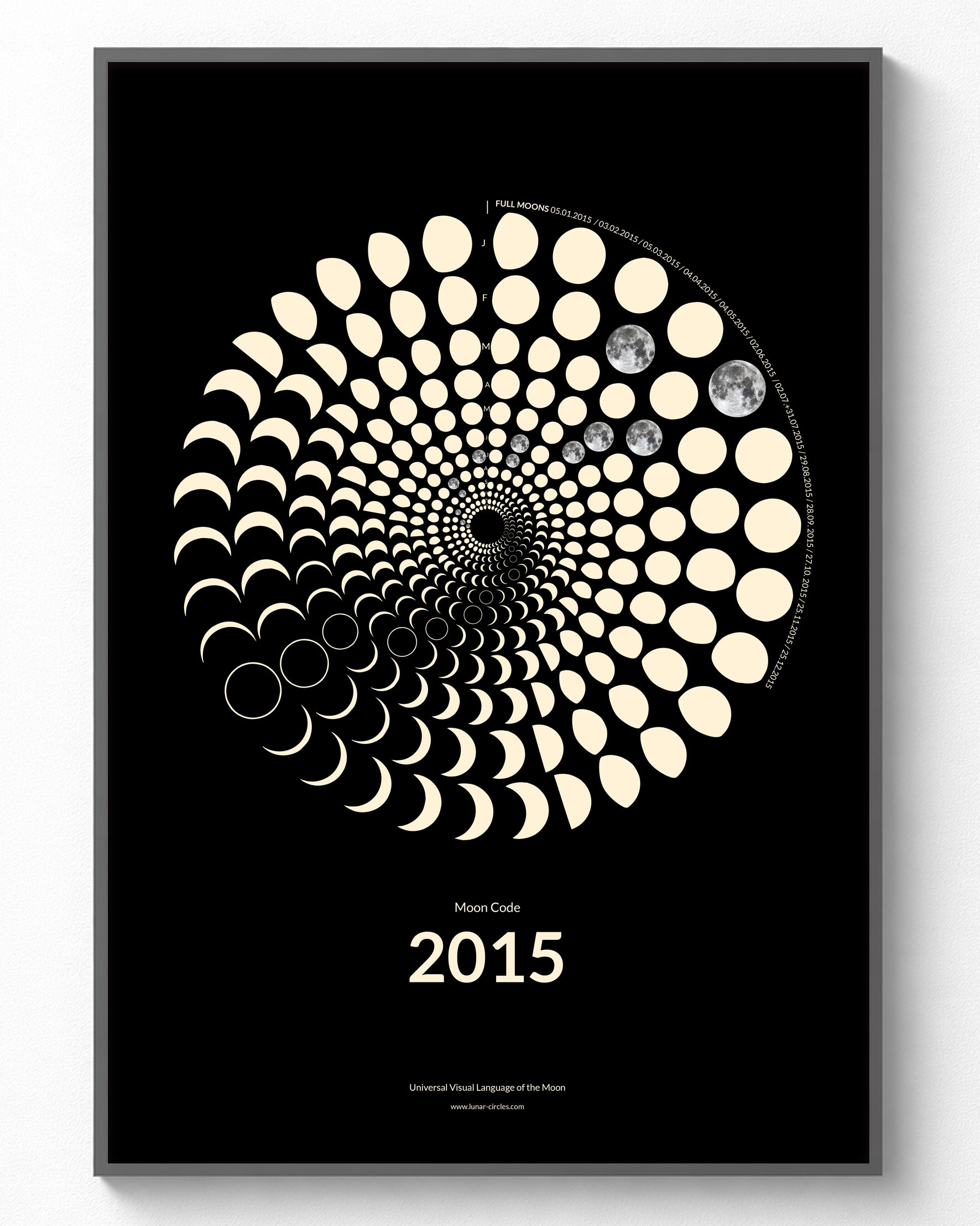 2015 Moon Code Poster im Rahmen – Minimalistische Mondphasen Wandkunst im A3 Format