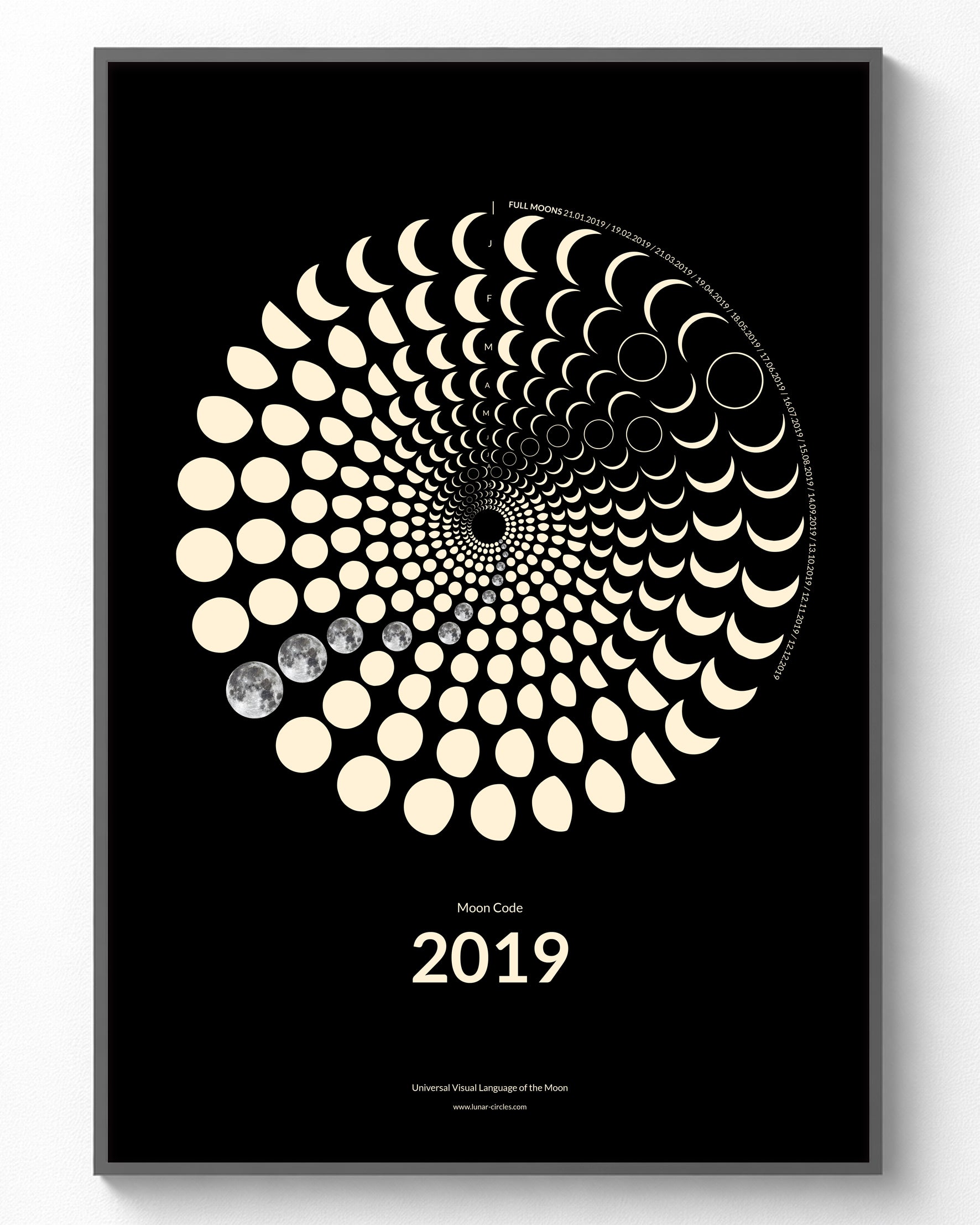 2019 Moon Code Poster im Rahmen – Minimalistische Mondphasen Wandkunst im A3 Format