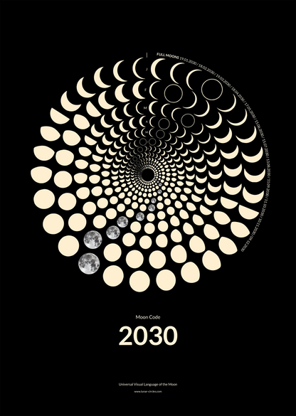 2030 Moon Code Poster Future Lunar design with 365 days of moon phases