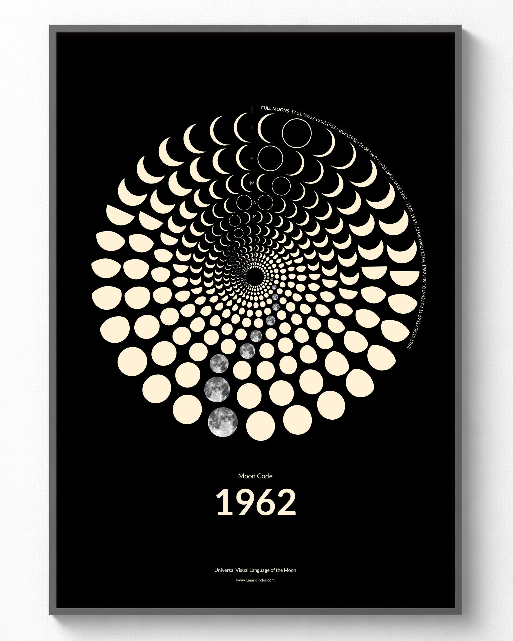 1962 Moon Phase Poster – Lunar spiral showing all 365 moon phases of the year 1962 in premium art print