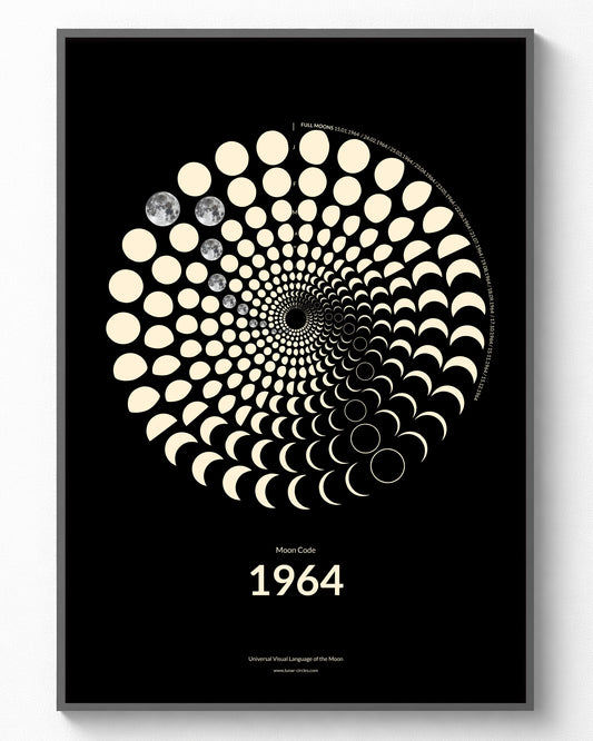 1964 Moon Phase Poster – Lunar spiral showing all 365 moon phases of the year 1964 in premium art print