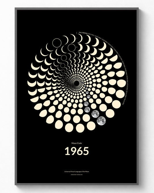1965 Moon Phase Poster – Lunar spiral showing all 365 moon phases of the year 1965 in premium art print