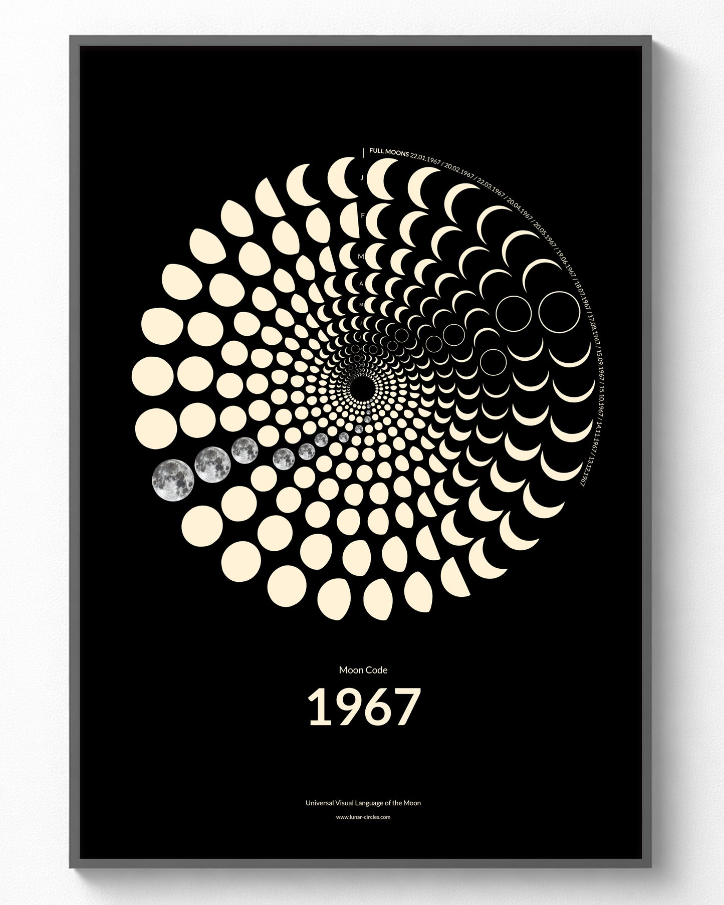 1967 Moon Phase Poster – Lunar spiral showing all 365 moon phases of the year 1967 in premium art print