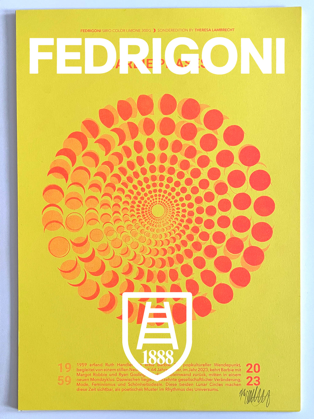 Limitierter Kunstdruck der Mondphasen von 1959 und 2023 auf Fedrigoni Papier. Inspiriert von der Erfindung der Barbie und dem Barbie Film mit Margot Robbie und Ryan Gosling. A3 Poster Design von Theresa Lambrecht.