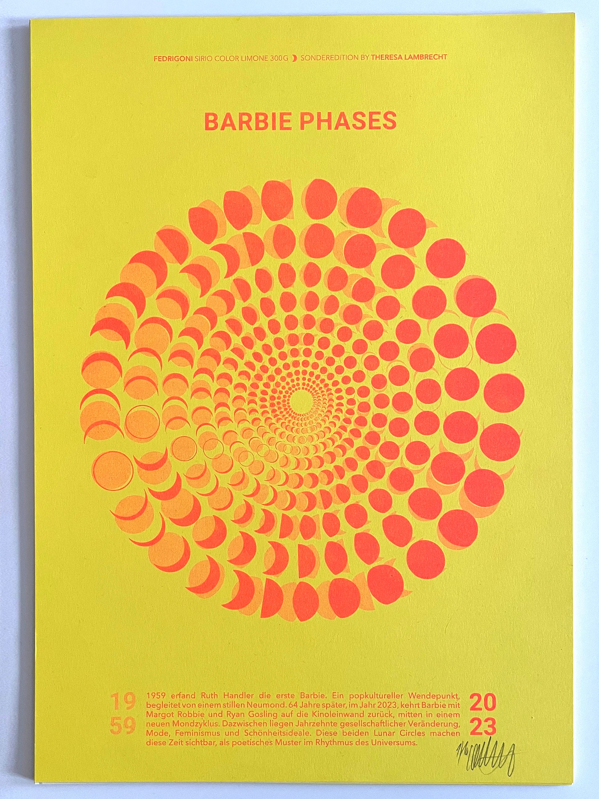 Limitierter Kunstdruck der Mondphasen von 1959 und 2023 auf Fedrigoni Papier. Inspiriert von der Erfindung der Barbie und dem Barbie Film mit Margot Robbie und Ryan Gosling. A3 Poster Design von Theresa Lambrecht.