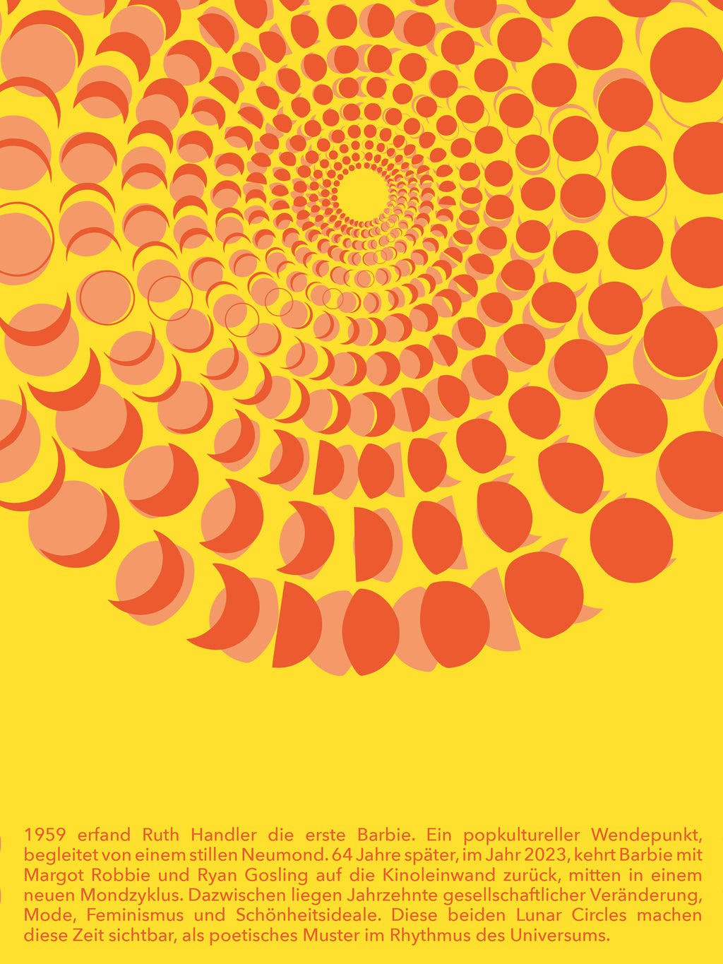 Limitierter Kunstdruck der Mondphasen von 1959 und 2023 auf Fedrigoni Papier. Inspiriert von der Erfindung der Barbie und dem Barbie Film mit Margot Robbie und Ryan Gosling. A3 Poster Design von Theresa Lambrecht.

