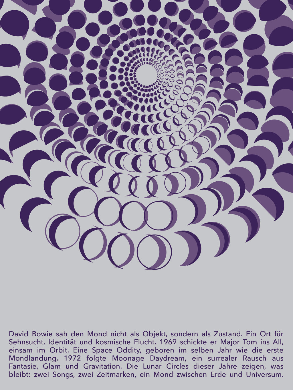 Moon Code Poster von Theresa Lambrecht inspiriert von David Bowies Space Oddity (1969) und Moonage Daydream (1972) · Mondphasen-Kunst auf Fedrigoni Special Paper · limitierte Edition für Musikfans, Designliebhaber:innen und Kunstsammler:innen · visuelles Muster kosmischer Rhythmen zwischen Popkultur, Mond und Fantasie