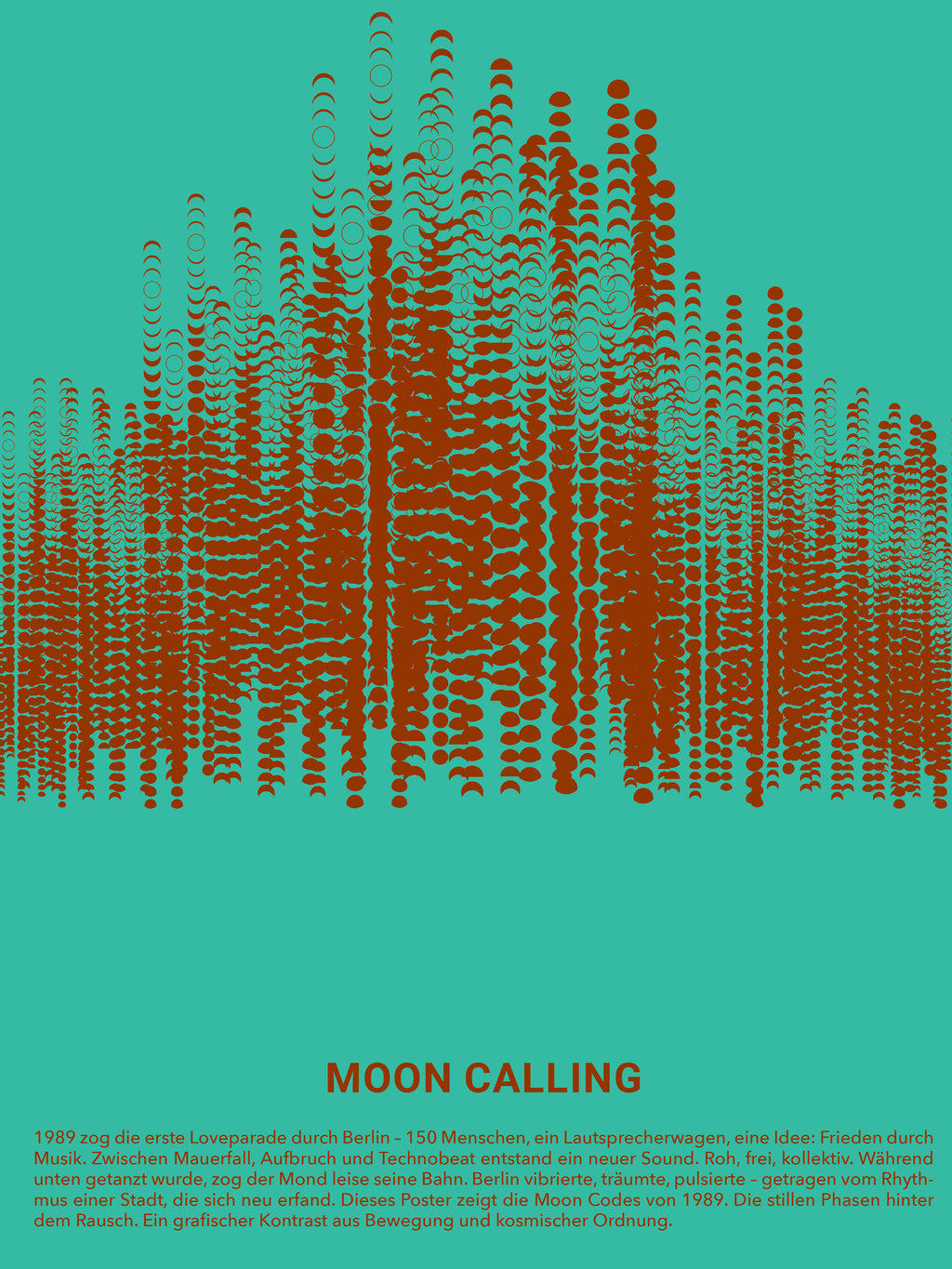 Limitierter Kunstdruck der Mondphasen 1989 auf Fedrigoni Papier. Inspiriert von der ersten Loveparade und dem Berliner Mauerfall. A3 Poster Design. Theresa Lambrecht.
