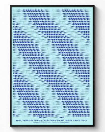 Moon Codes 2014-2024 Poster – Limitierte A2 Kunstedition auf Fedrigoni Celeste Papier mit Mondphasen von 10 aufeinanderfolgenden Jahren
