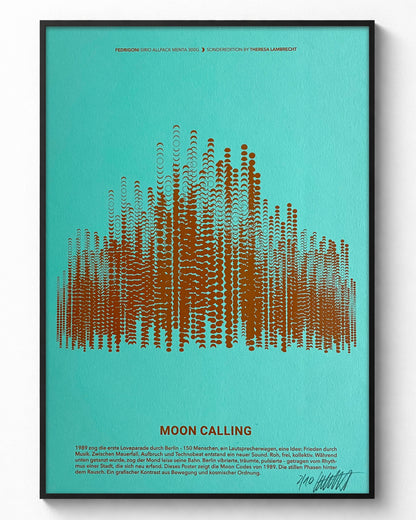 Moon Calling 1989 Mondphasen Poster – Limitierte Kunstedition auf Fedrigoni Papier, inspiriert von der ersten Loveparade und dem Berliner Mauerfall