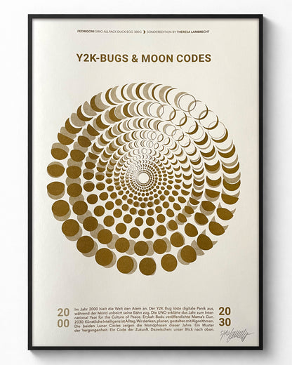 Y2K Bugs Moon Code Poster 2000/2030 – Limitierte Kunstedition auf Fedrigoni Duck Egg Papier mit Mondphasen zwischen Y2K-Bug und KI-Zeitalter