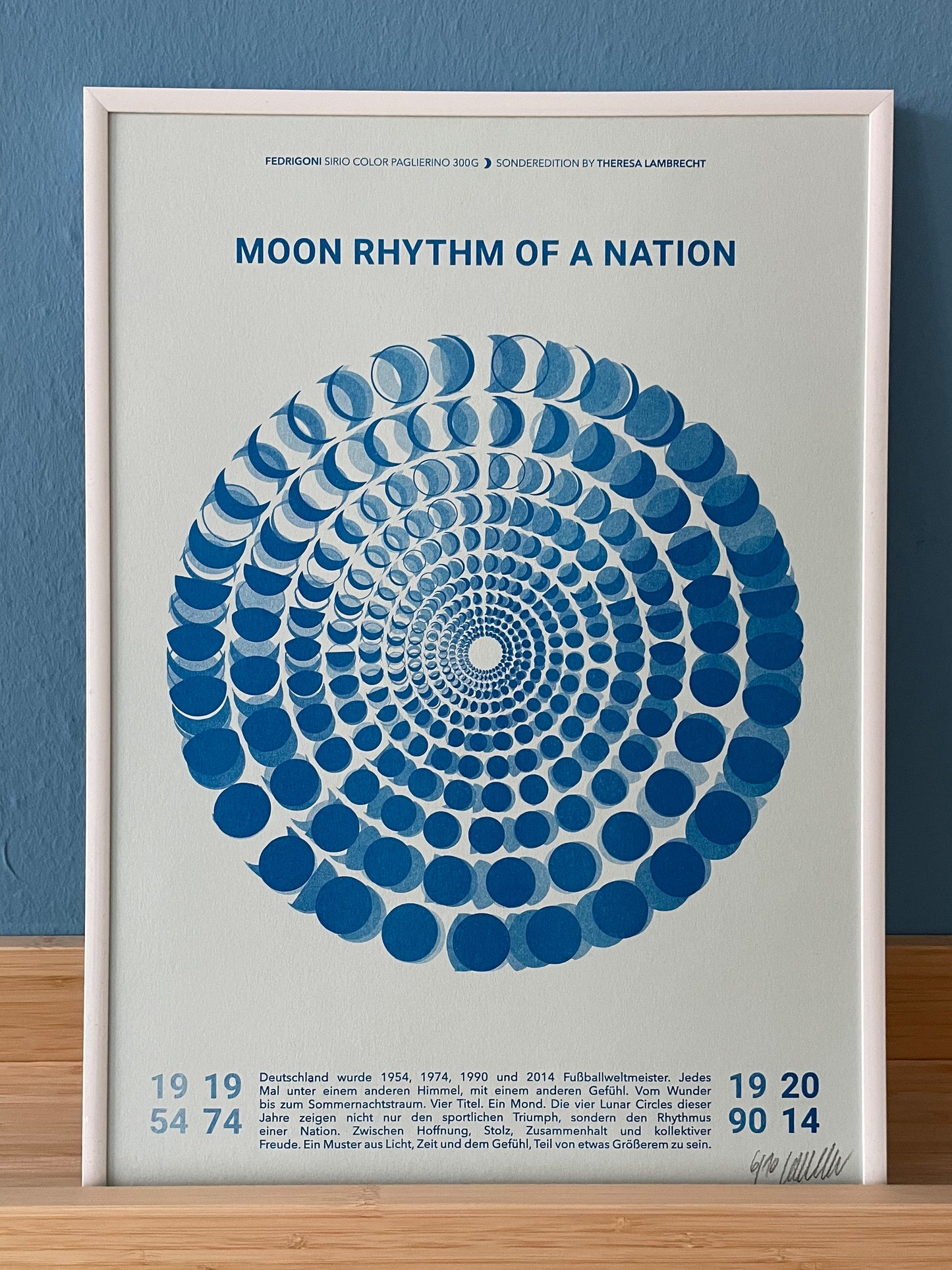 Mondphasen Poster der Fußball WM Jahre 1954 1974 1990 2014. Moon Rhythm of a Nation von Theresa Lambrecht. Limitierte Kunst auf Künstlerpapier.