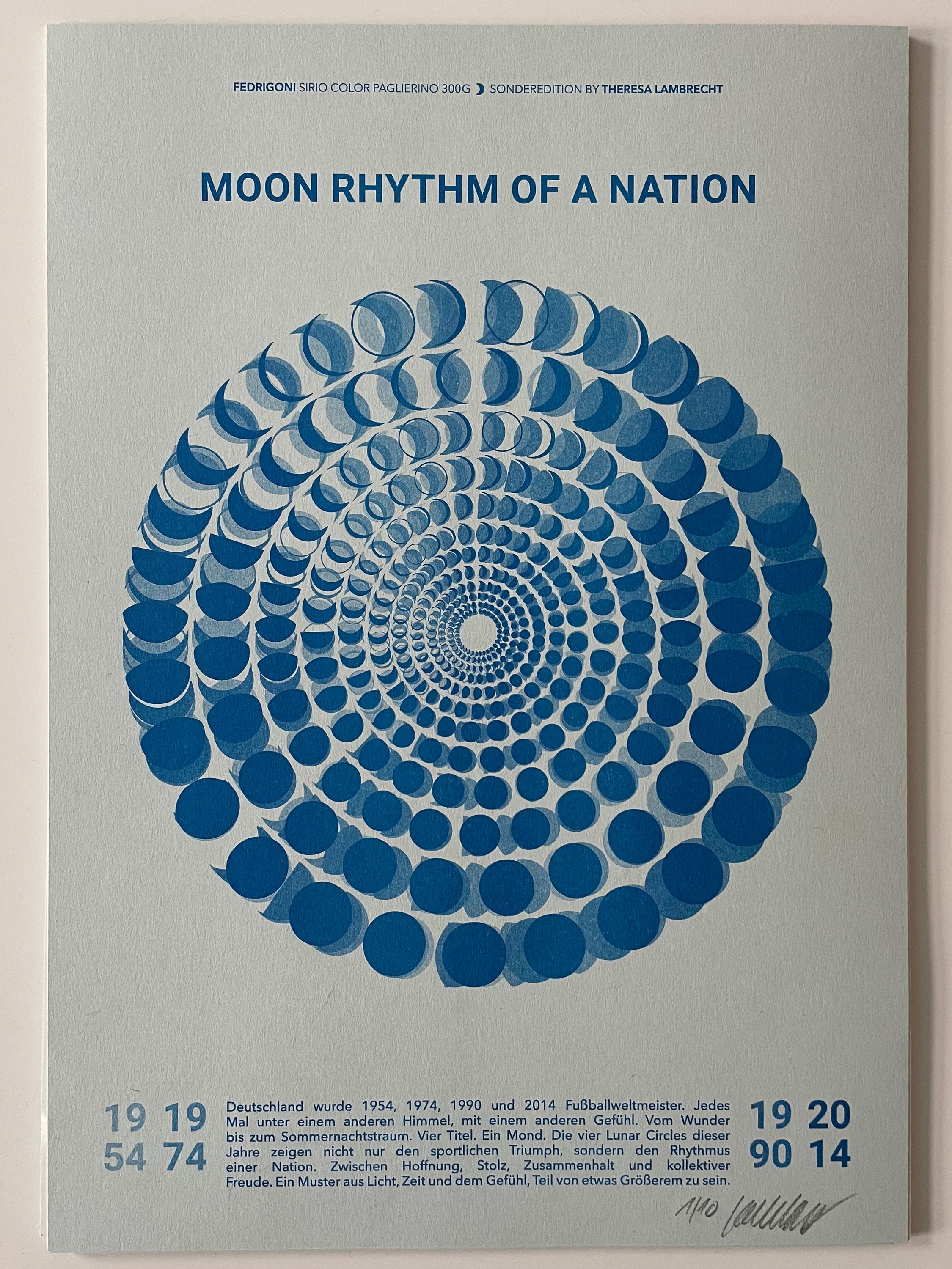 Mondphasen Poster der Fußball WM Jahre 1954 1974 1990 2014. Moon Rhythm of a Nation von Theresa Lambrecht. Limitierte Kunst auf Künstlerpapier.