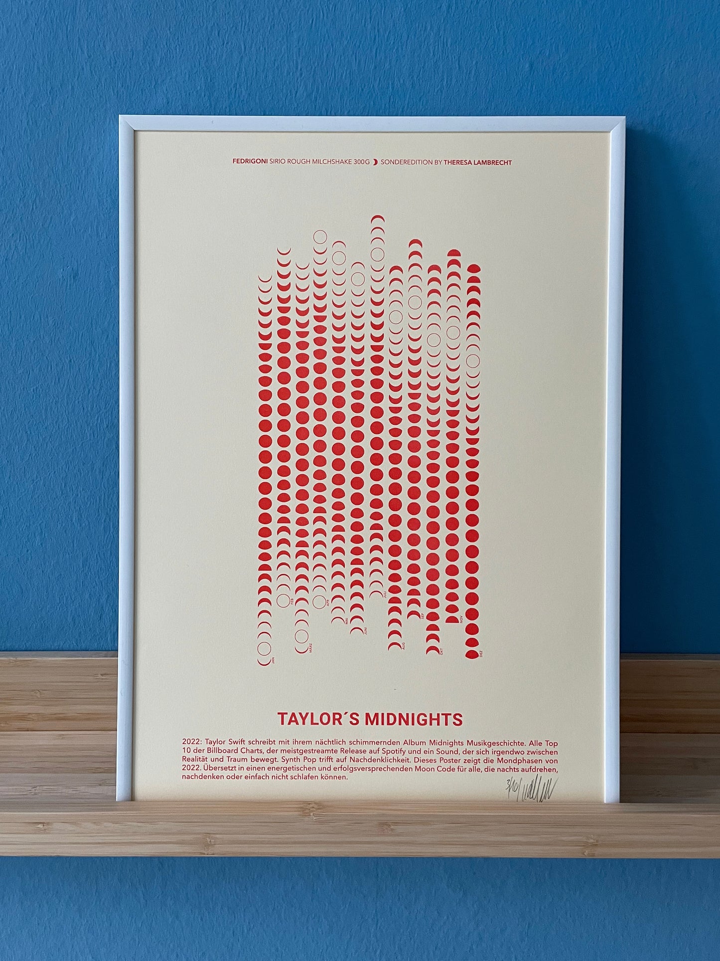 Moon Code Poster der Mondphasen 2022 inspiriert vom Album Midnights von Taylor Swift. Limitierte Künstleredition auf Fedrigoni Milchshake Papier.