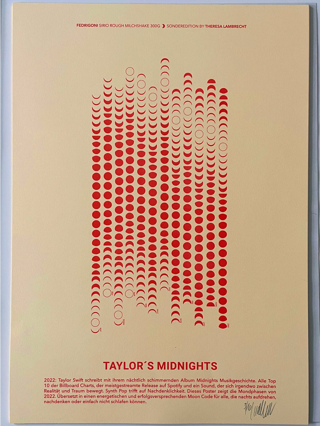 Moon Code Poster der Mondphasen 2022 inspiriert vom Album Midnights von Taylor Swift. Limitierte Künstleredition auf Fedrigoni Milchshake Papier.