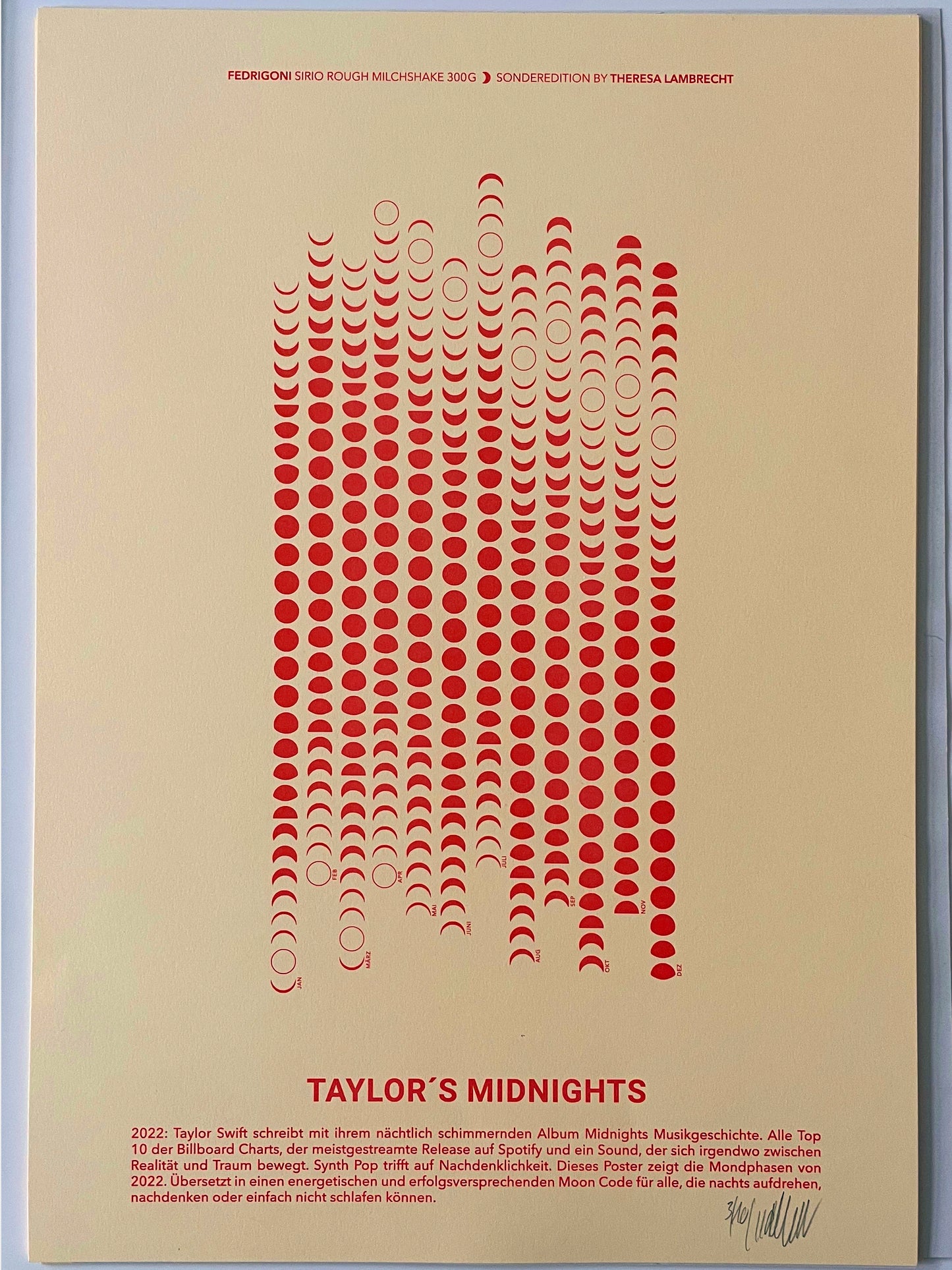 Moon Code Poster der Mondphasen 2022 inspiriert vom Album Midnights von Taylor Swift. Limitierte Künstleredition auf Fedrigoni Milchshake Papier.
