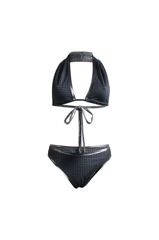 Schwarzes Designer Bikini mit Mond Pattern Print, nachhaltiges Material, limitierte Fashion Edition, Kollaboration mit Lettau Fashion, Lunar Circles 