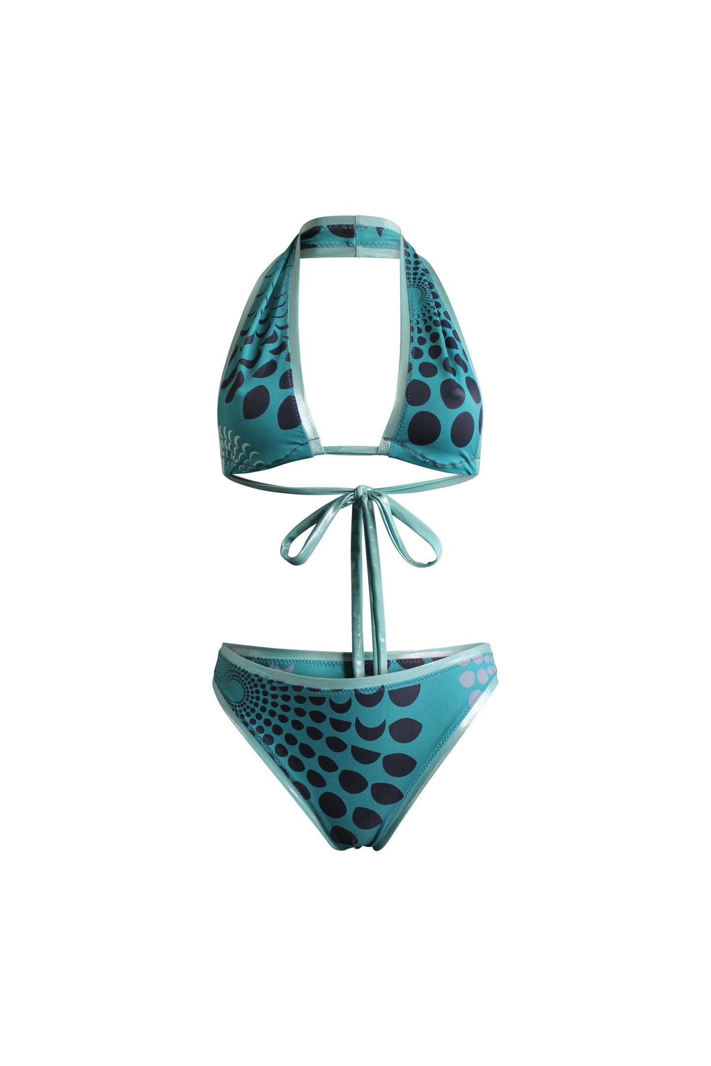 Türkiser Designer Bikini mit Mond Pattern Print, nachhaltiges Material, limitierte Fashion Edition, Kollaboration mit Lettau Fashion, Lunar Circles 