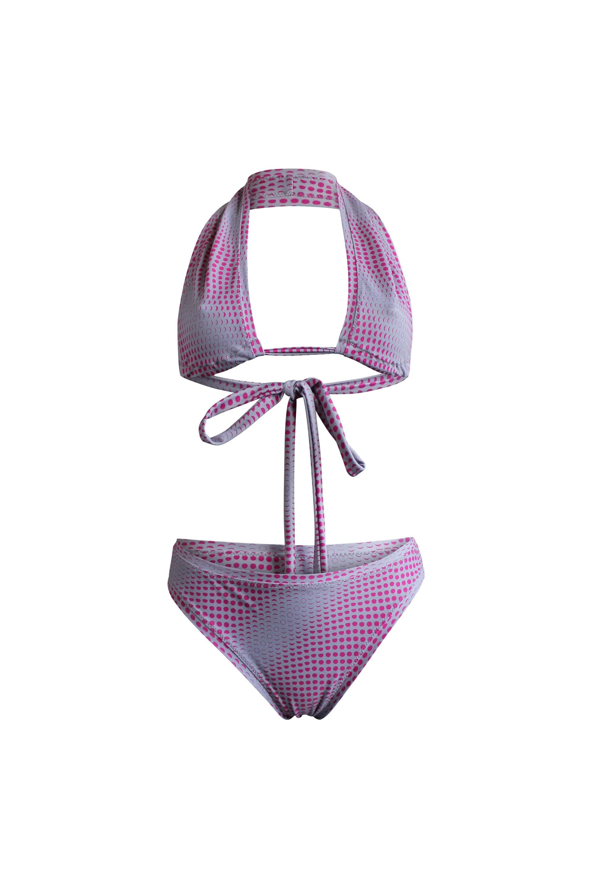 Grauer Designer Bikini mit Mond Pattern Print, nachhaltiges Material, limitierte Fashion Edition, Kollaboration mit Lettau Fashion, Lunar Circles 