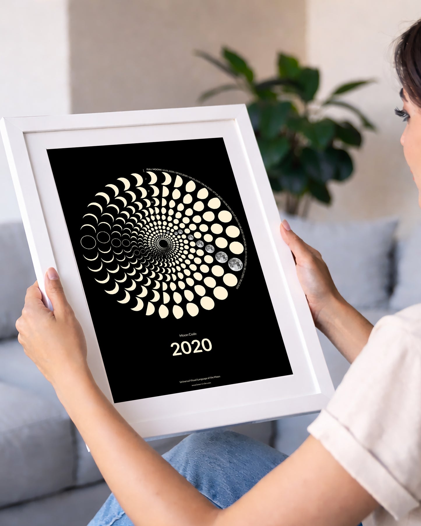 Moon Phase Poster as wall art in modern living room minimalist decoration