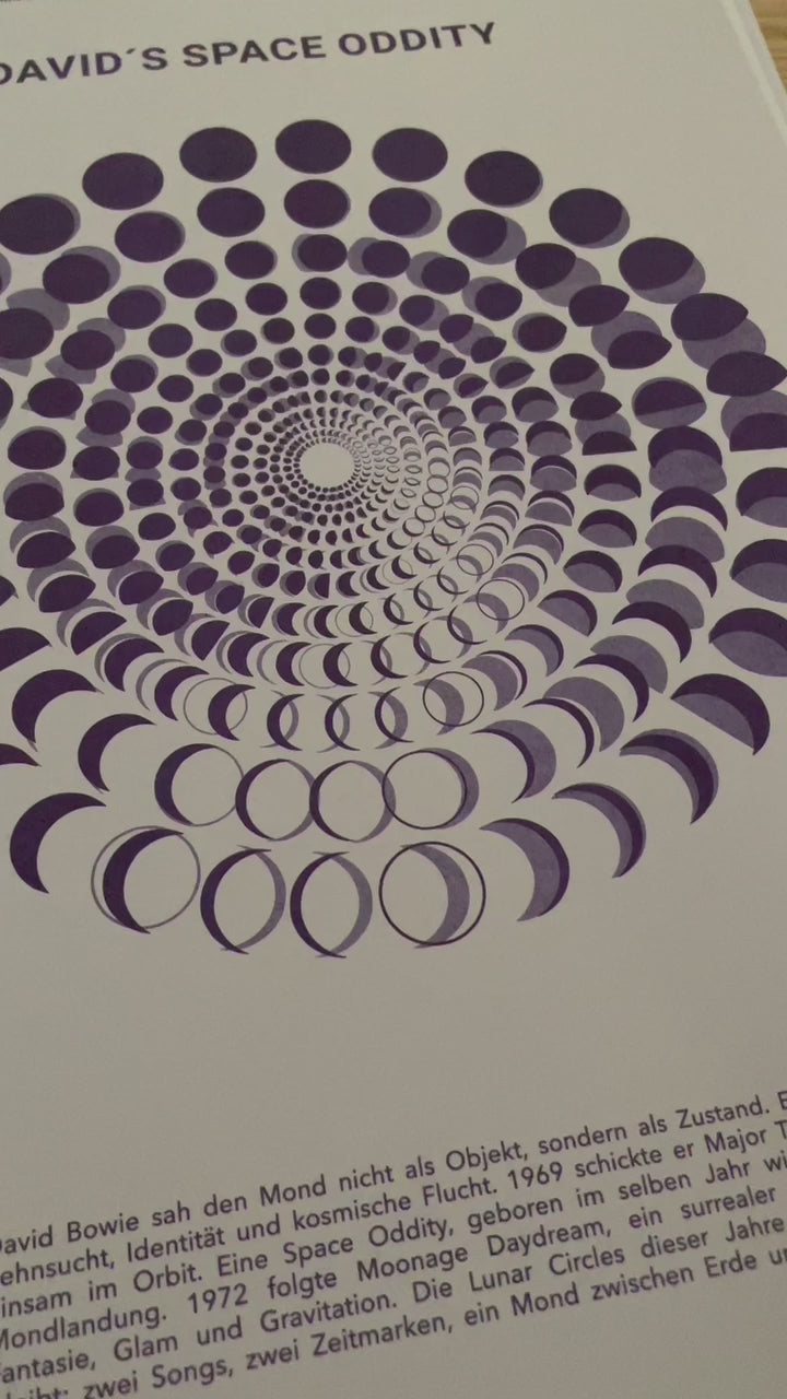 Moon Code Poster von Theresa Lambrecht inspiriert von David Bowies Space Oddity (1969) und Moonage Daydream (1972) · Mondphasen-Kunst auf Fedrigoni Special Paper · limitierte Edition für Musikfans, Designliebhaber:innen und Kunstsammler:innen · visuelles Muster kosmischer Rhythmen zwischen Popkultur, Mond und Fantasie