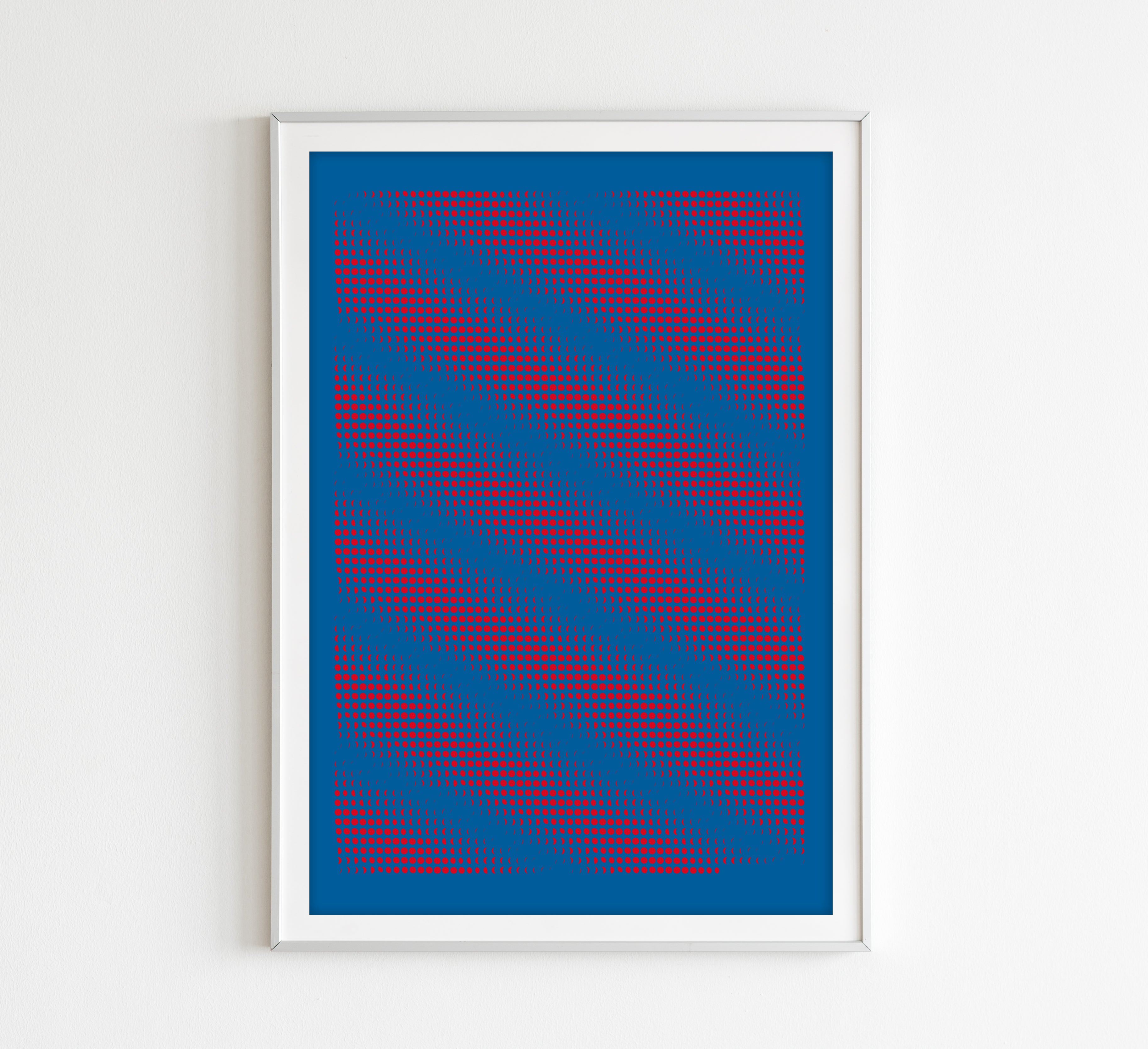 3650 Moons Limitierte Edition – Siebdruck Mondkunst von Theresa Lambrecht, kosmisches Muster in Blau-Rot auf 50x70 cm Papier.